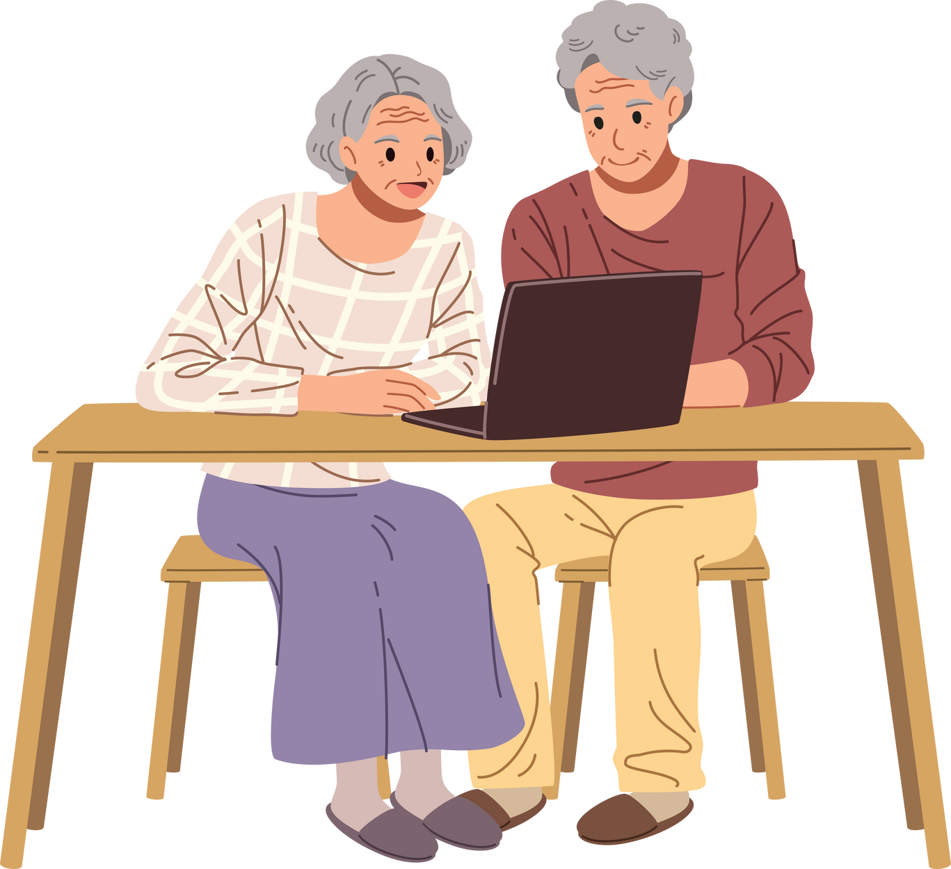 Senior couple watching on computer laptop illustration